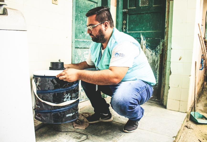 World Mosquito Program empleado coloca contenedor para mosquitos en Niteroi Brasil