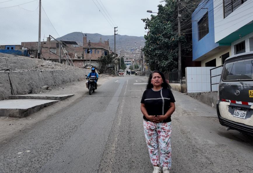 Carmen en la calle, con world mosquito program al fondo